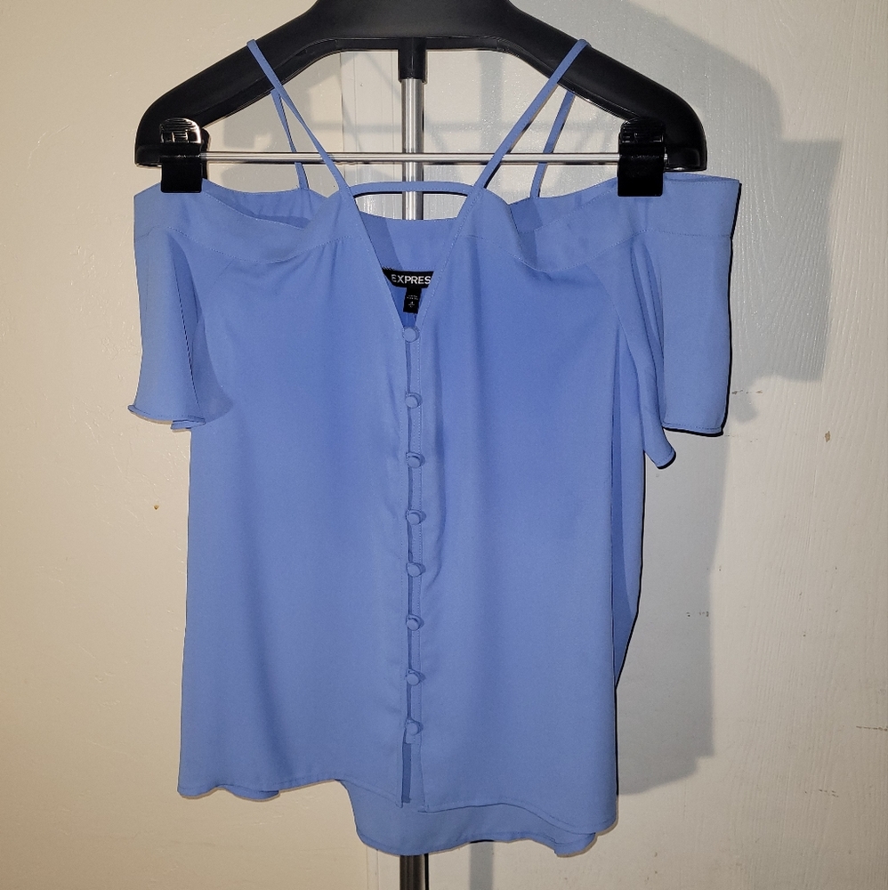 NEW Express Medium Pale Blue Button-up Blouse w/ Off-the-Shoulder Drape Sleeves
